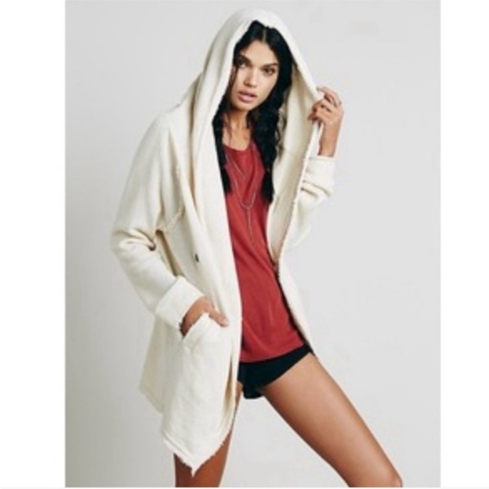 Free People Big Chill Cardigan Cream Hood Waffle Snap Sweater Jacket Size Medium - Picture 3 of 16